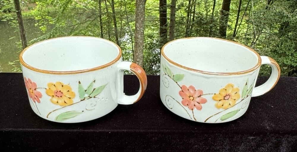 2 Vtg Ji Stonecrest Pamela Soup Chili Coffee Mugs Cup Hand Painted Stoneware A83